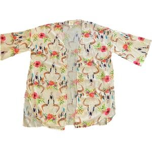 Grace & Emma Kimono Cardigan XL 2XL Sheer Longhorn Skull Floral Boho Cover Up